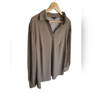 Adrianna Papell V Neck Pullover Long Sleeve Top Brown Geo Print  Size 1X